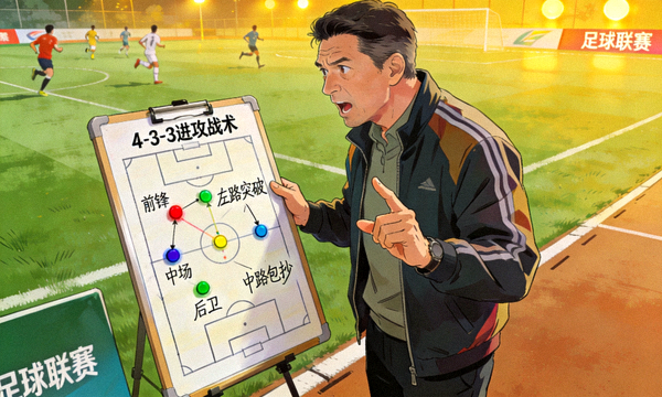 足球战术分析画面与教练在场边指挥